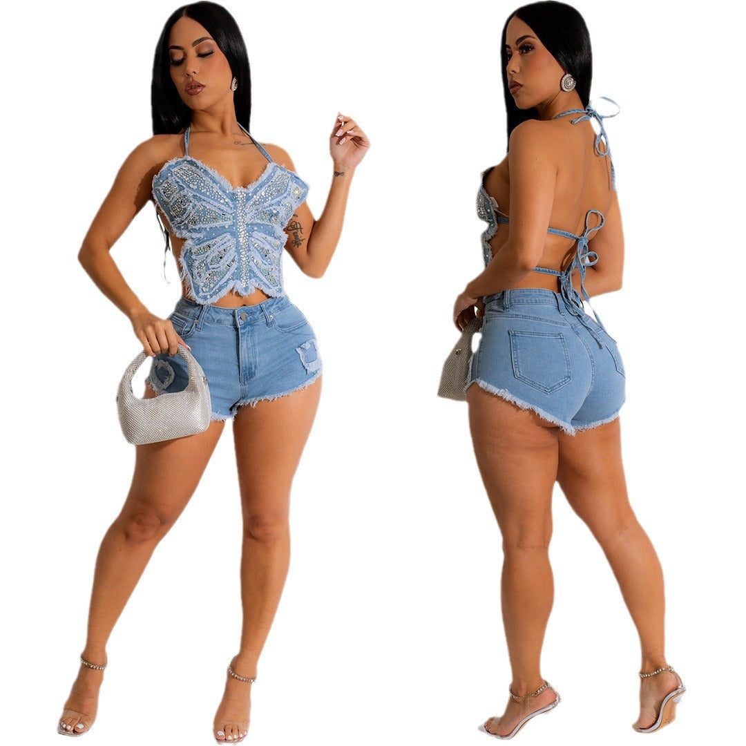 Summer Denim Beaded Butterfly Lace-Up Irregular Top Shorts Set 5