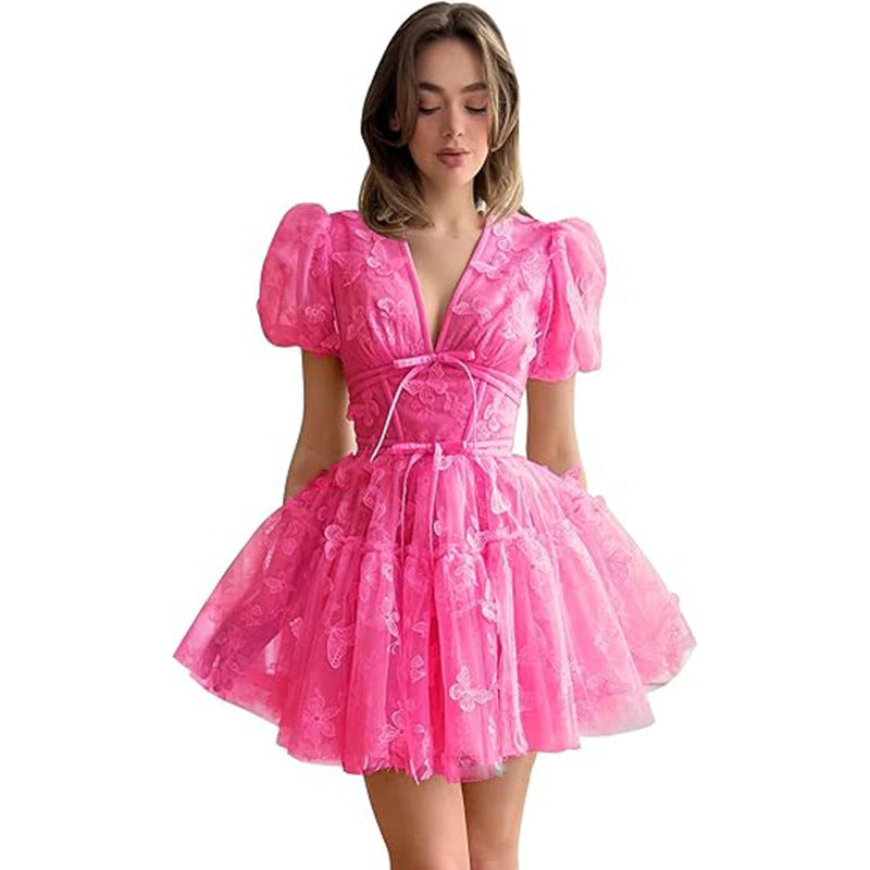 Women bridesmaid dress with flower V-neck short-sleeved dress 20