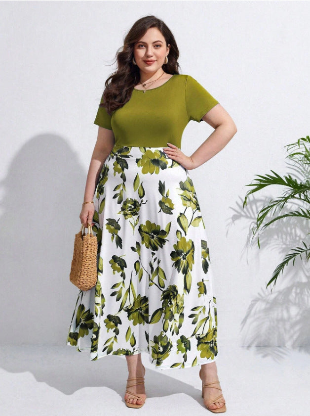 Color Block Print Short Sleeve A Line Plus Size Women's Dress 7