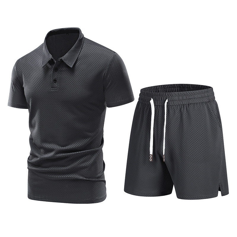 Summer men's Turndown Collar short-sleeved top and shorts two-piece set 18