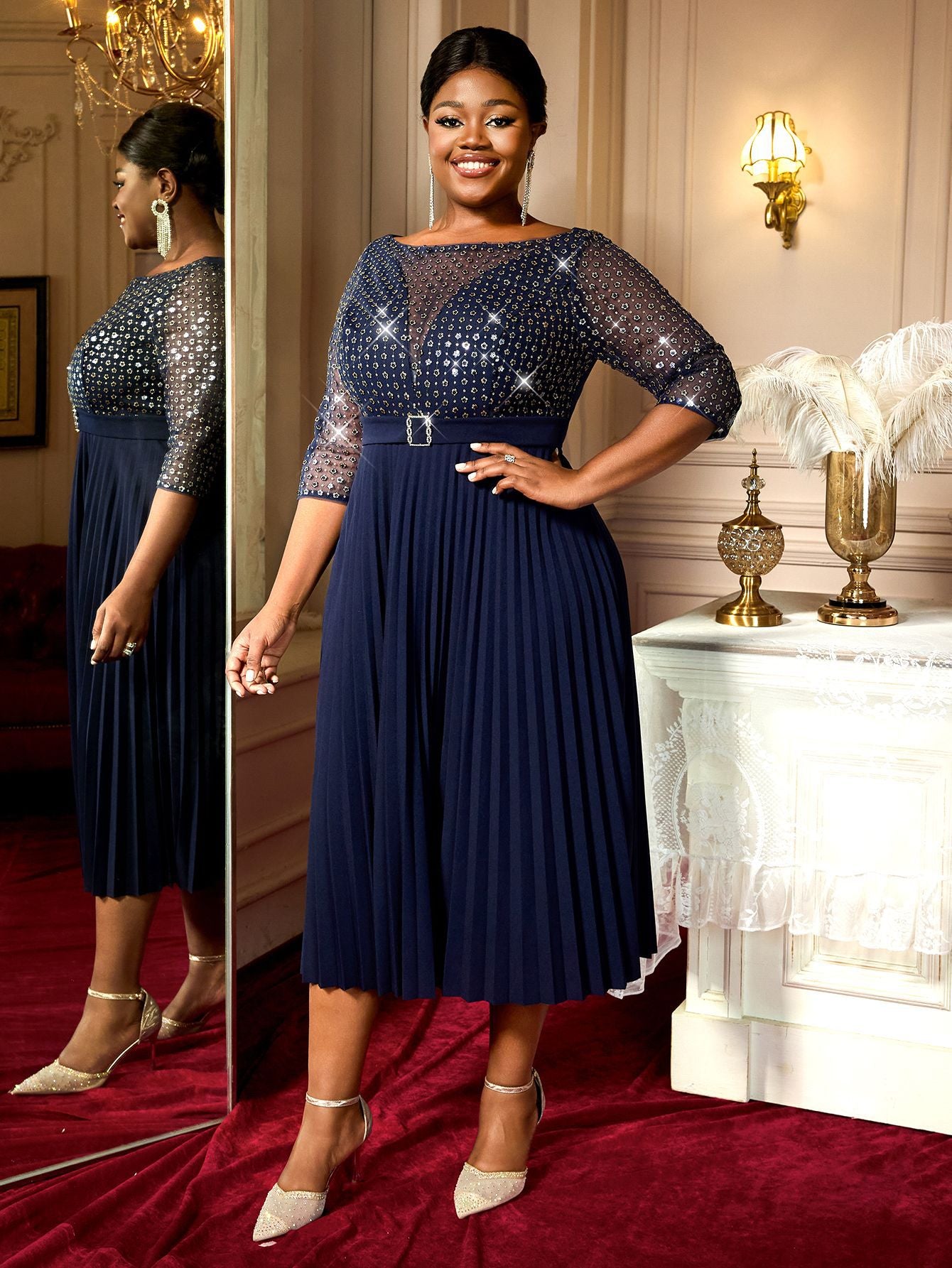 Mesh Patchwork Sequins Round-Neck Pleated A-Line Dress 10