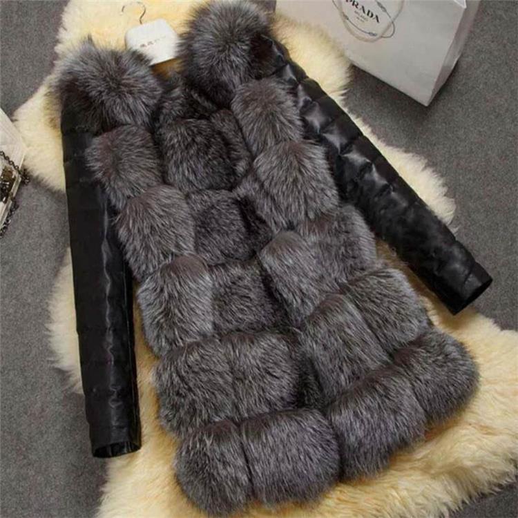 Women Winter Black Long Sleeve Thick Warm Faux Furry Jacket 4