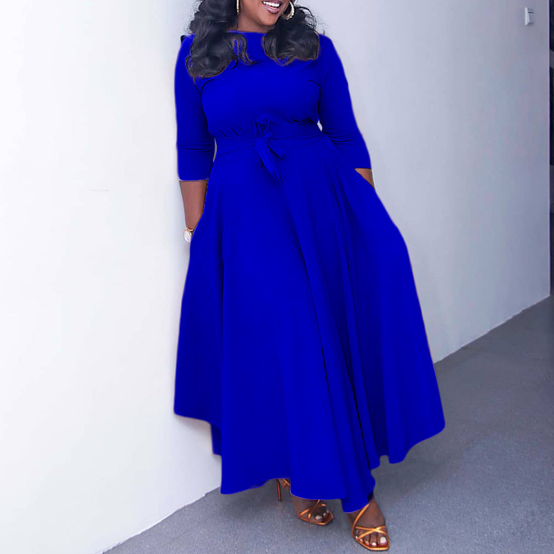 Women's Fall Winter Fashion Chic Solid long sleeve Belted African Plus Size Maxi Dress 3