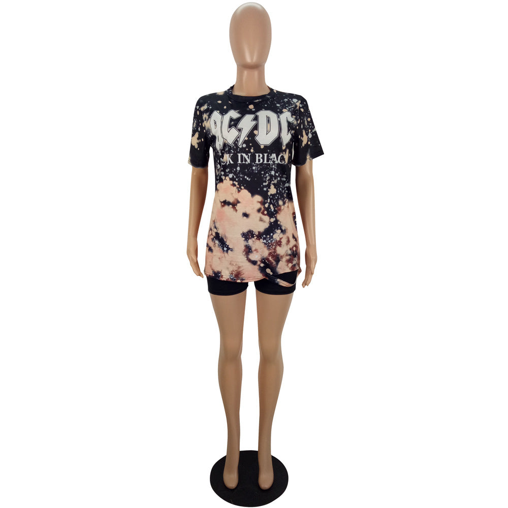 Women's Spring Summer Fashion Style Print Short Sleeve T-shirt shorts two piece Set 8