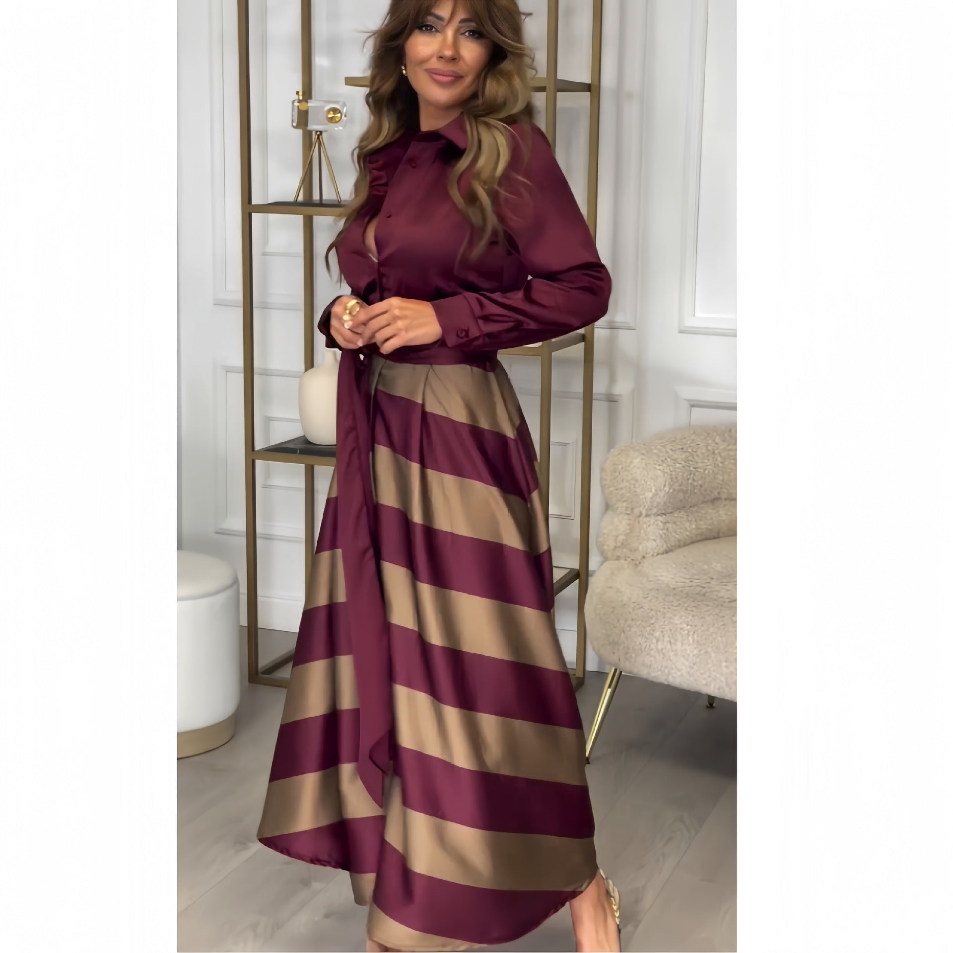 Women Autumn Fake Two-piece Long-sleeved Shirt Lace-up Striped Dress