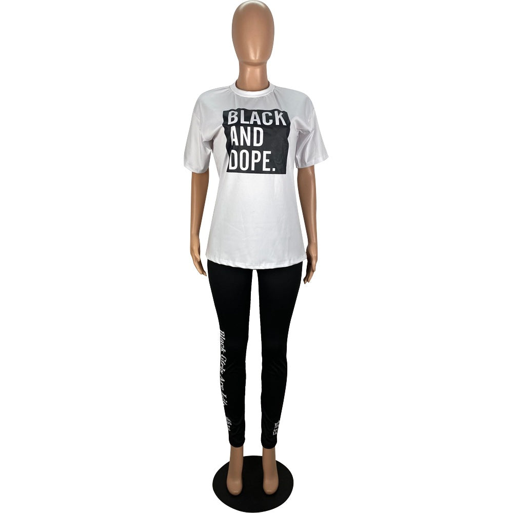 Women Spring Summer Letter Print Casual Sports Top and Pants Two-piece Set