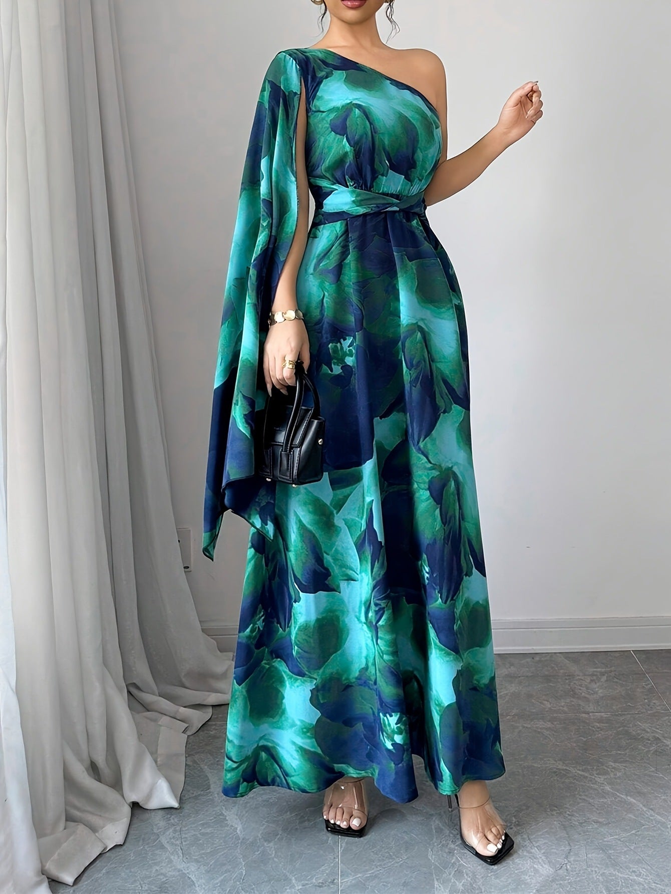 Summer Womenƒ??s Fashion Gradient Print Asymmetric Neck Long Dress