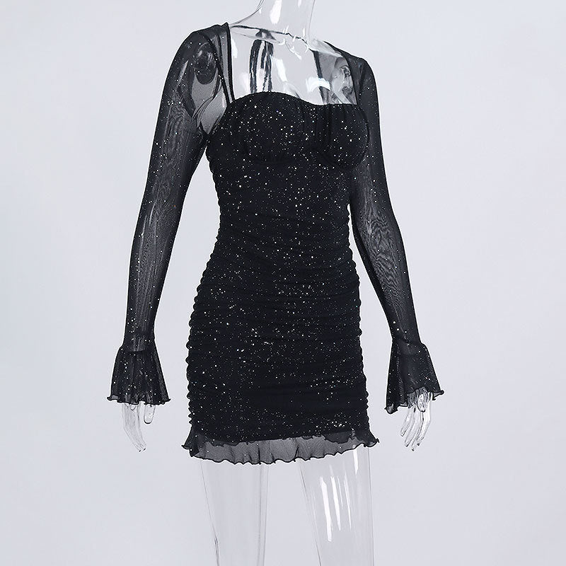 Sexy See-Through Mesh Long-Sleeved Sequined Square Neck Low Back Dress 15