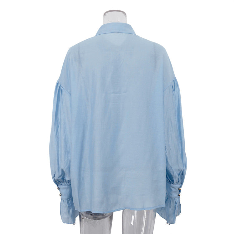 Women's fashion casual long-sleeved solid color shirt chic career top 9