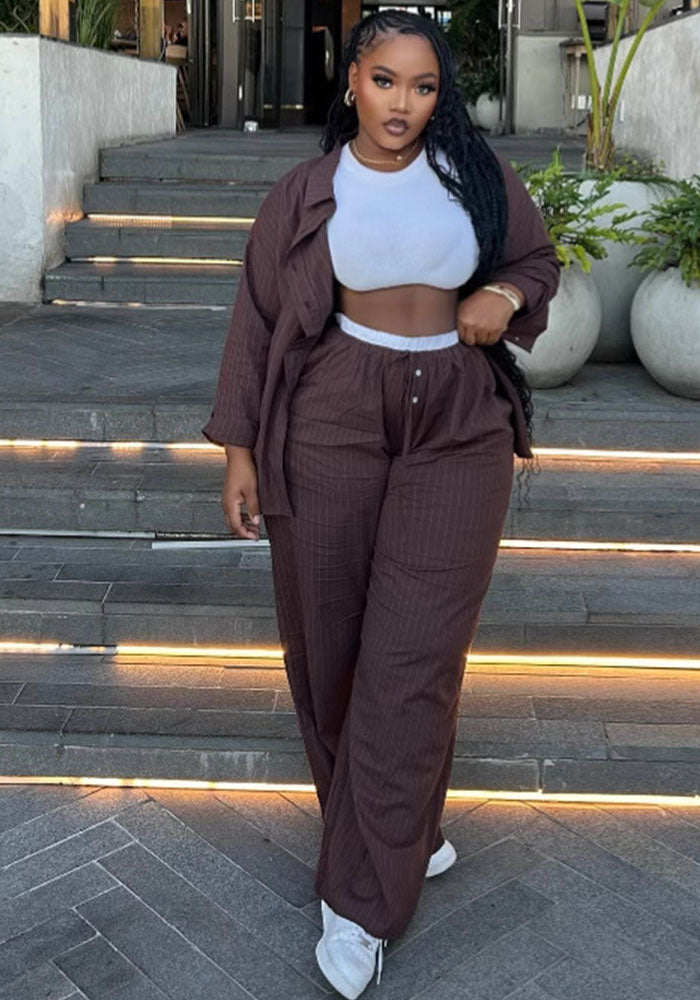 Plus Size High Waist Striped Shirt Trousers African Trendy Two Piece Set