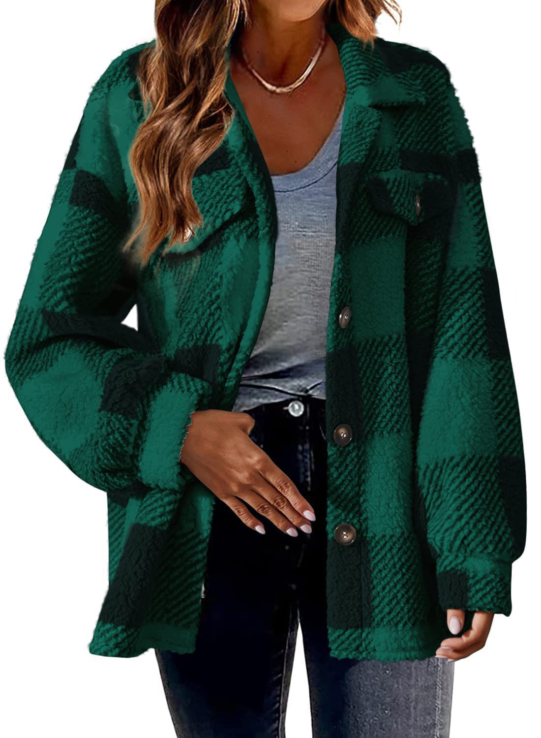 Women Autumn and Winter Pocket Plaid Sherpa Jacket Button Plush Jacket 12