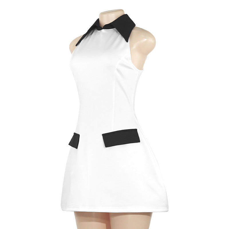 Women Summer Solid Sleeveless Turndown Collar Casual Dress 9