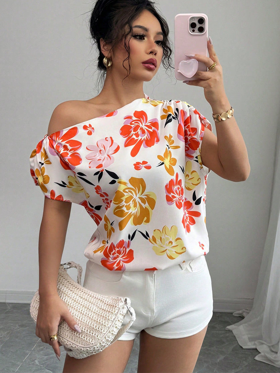 Slash Shoulder Shirt Summer Women's Pullover Holidays Short Sleeve Blouse 6