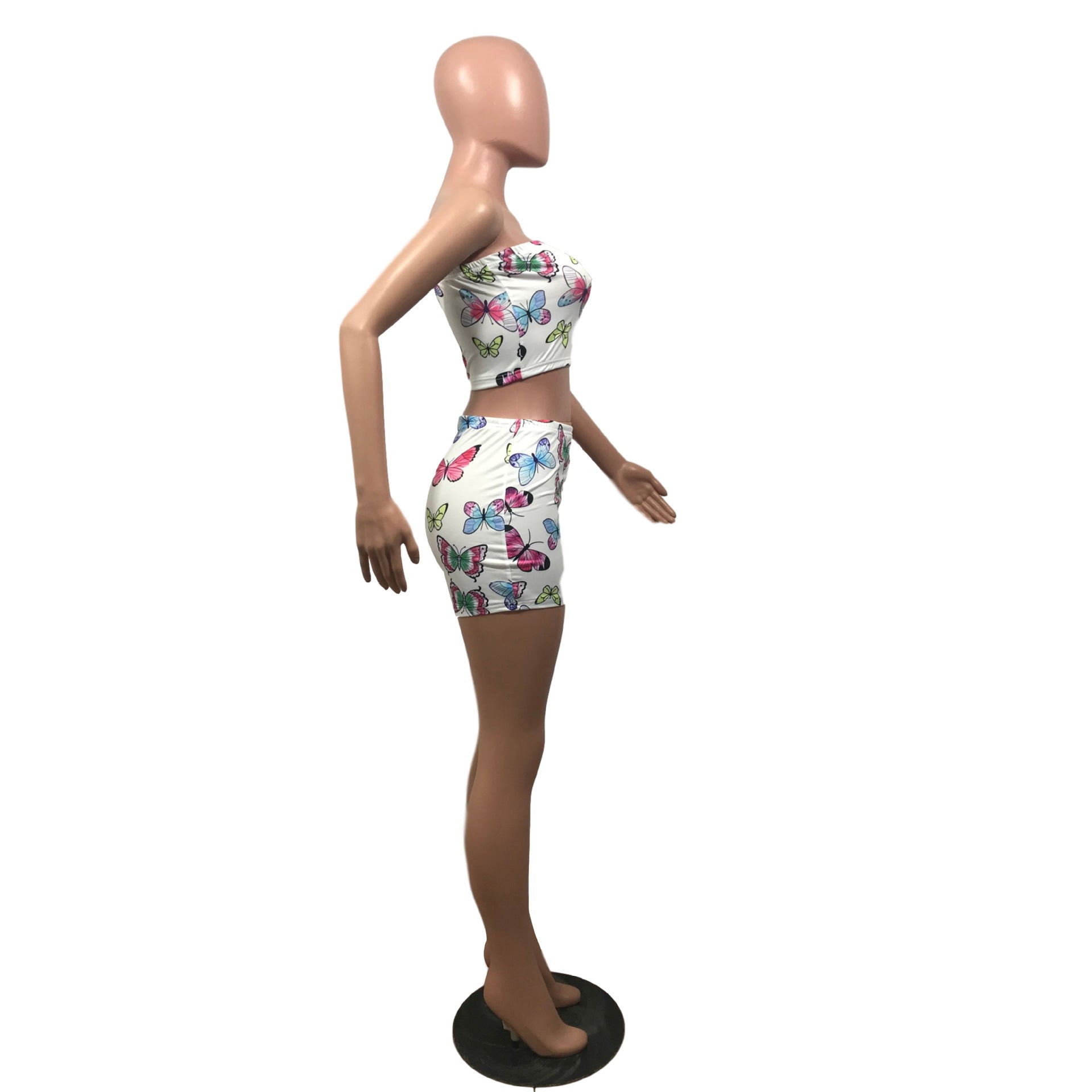 Summer Women's Sexy Slim Fit Butterfly Print Strapless Two Piece Shorts Set 23