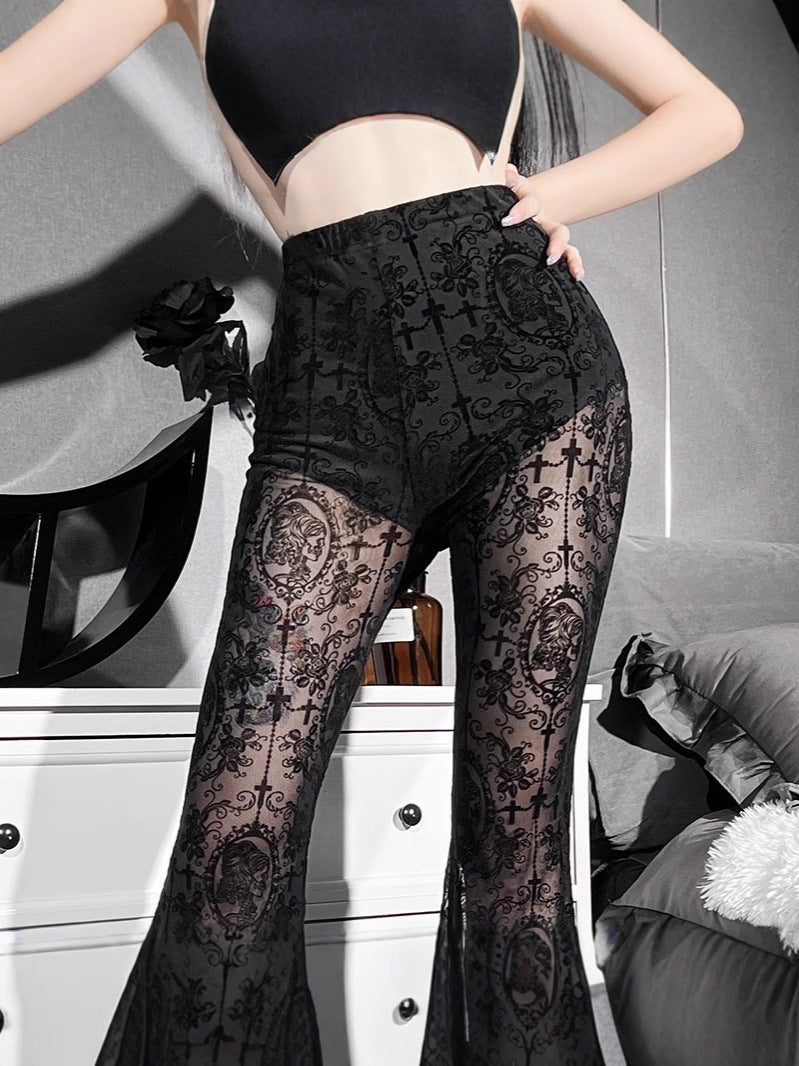 Women's Summer Sexy Dark Gothic Lace High Waist Bell Bottom Pants 5