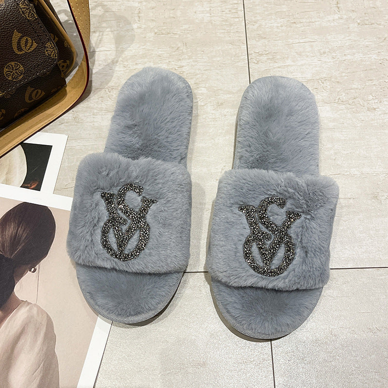 Women rhinestone furry diamond slippers 3