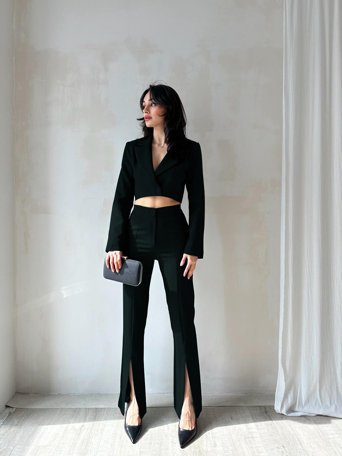 Autumn Chic Fashion Slim Short Blazer Slit High Waist Pants Women's Two Piece Suit 8