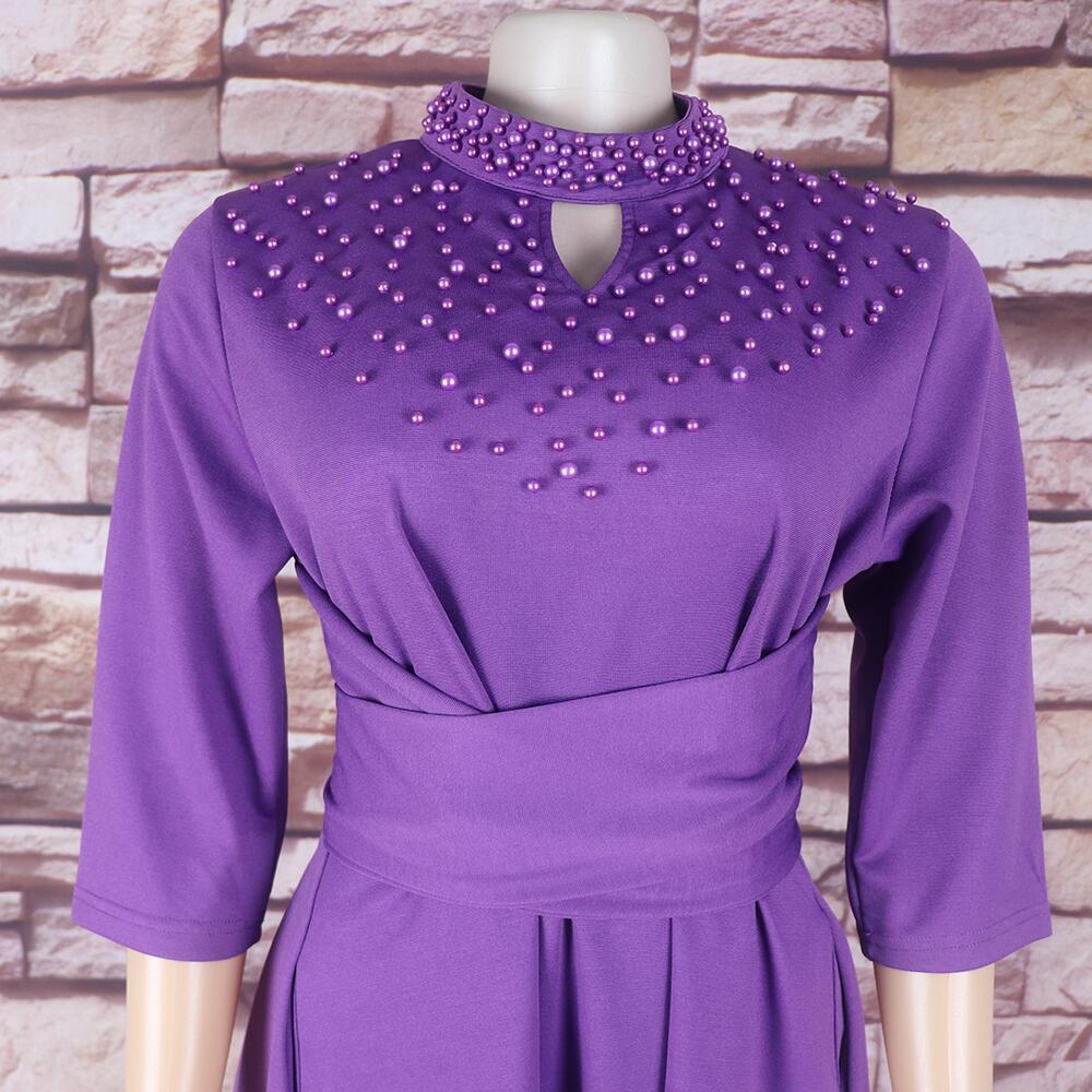 Women African Elegant Stand Collar Beaded Belt Pocket Dress 24
