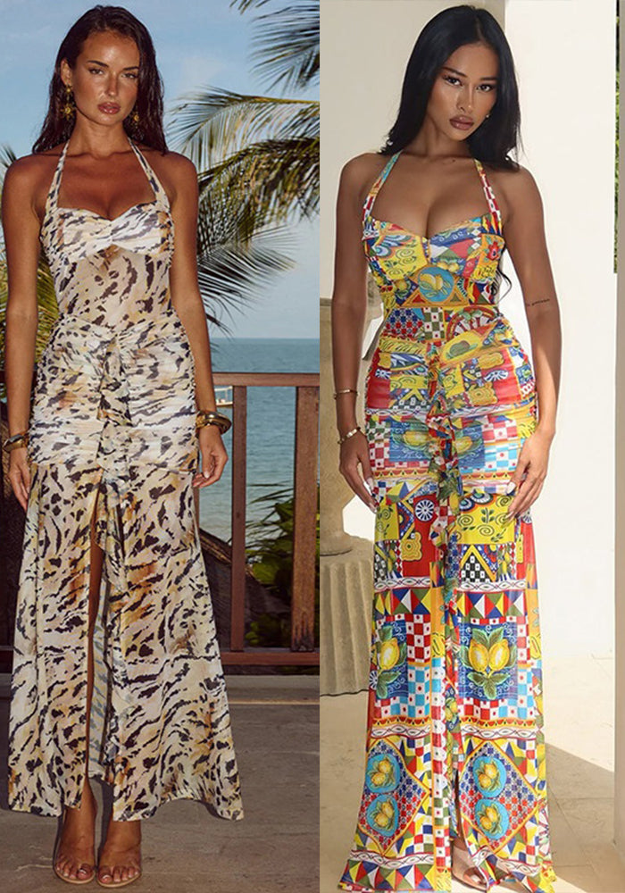 Summer fashion chic Elegant printed sleeveless Halter Neck lace dress