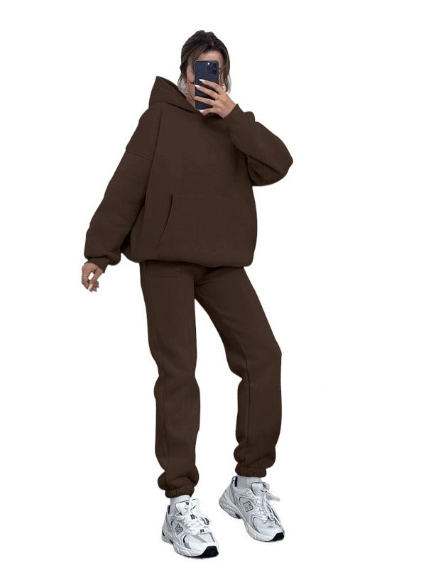 Autumn and winter solid color fleece Hoodies pants two-piece fashionable casual set 10