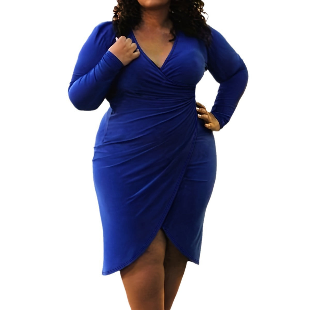 Plus Size Long Sleeve Slim V Neck Pleated Irregular Bodycon Dress 4