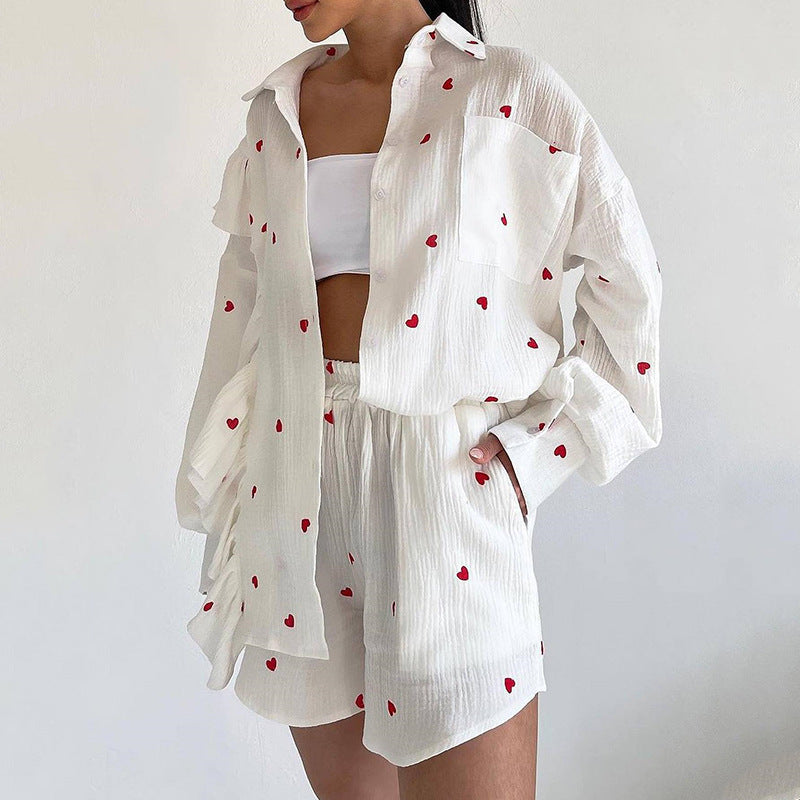Women Fall Ruffle Heart Print Shirt and Wide-Leg Shorts Casual Two-Piece Set 11