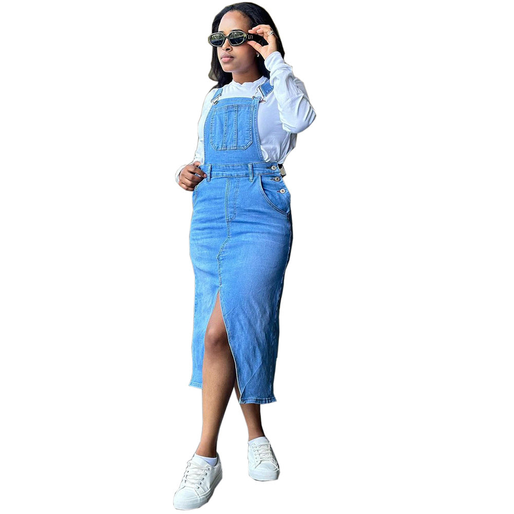 Women Street Pocket Slit Denim Suspender Skirt 6