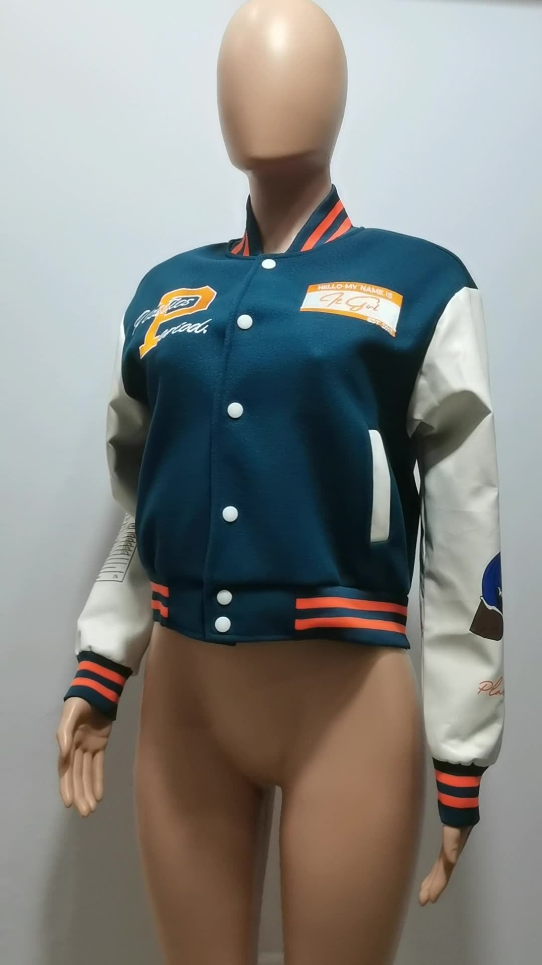 Women Fashion Velvet Print Embroidered Baseball Jacket 10