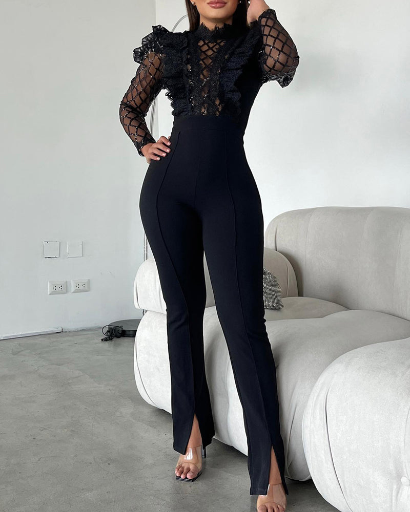 Women black sequin lace long sleeve slit jumpsuit 5