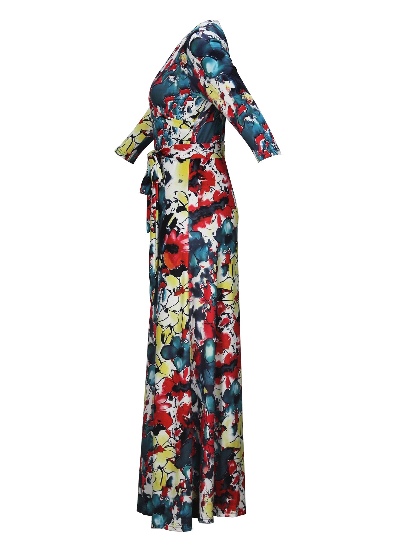 Spring & Autumn Women's Fashion Elegant Wrap V-Neck Half-Sleeve Print Belt Maxi Dress 66