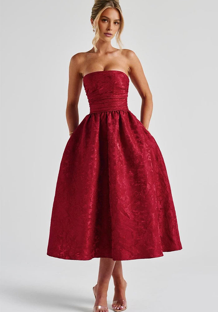 Women Strapless Spring Summer Jacquard Sleeveless Backless Lace-up Evening Dress