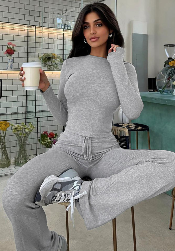 Women Autumn and Winter Crop Long Sleeve Top Lace Bell Bottom PantTwo Piece Set