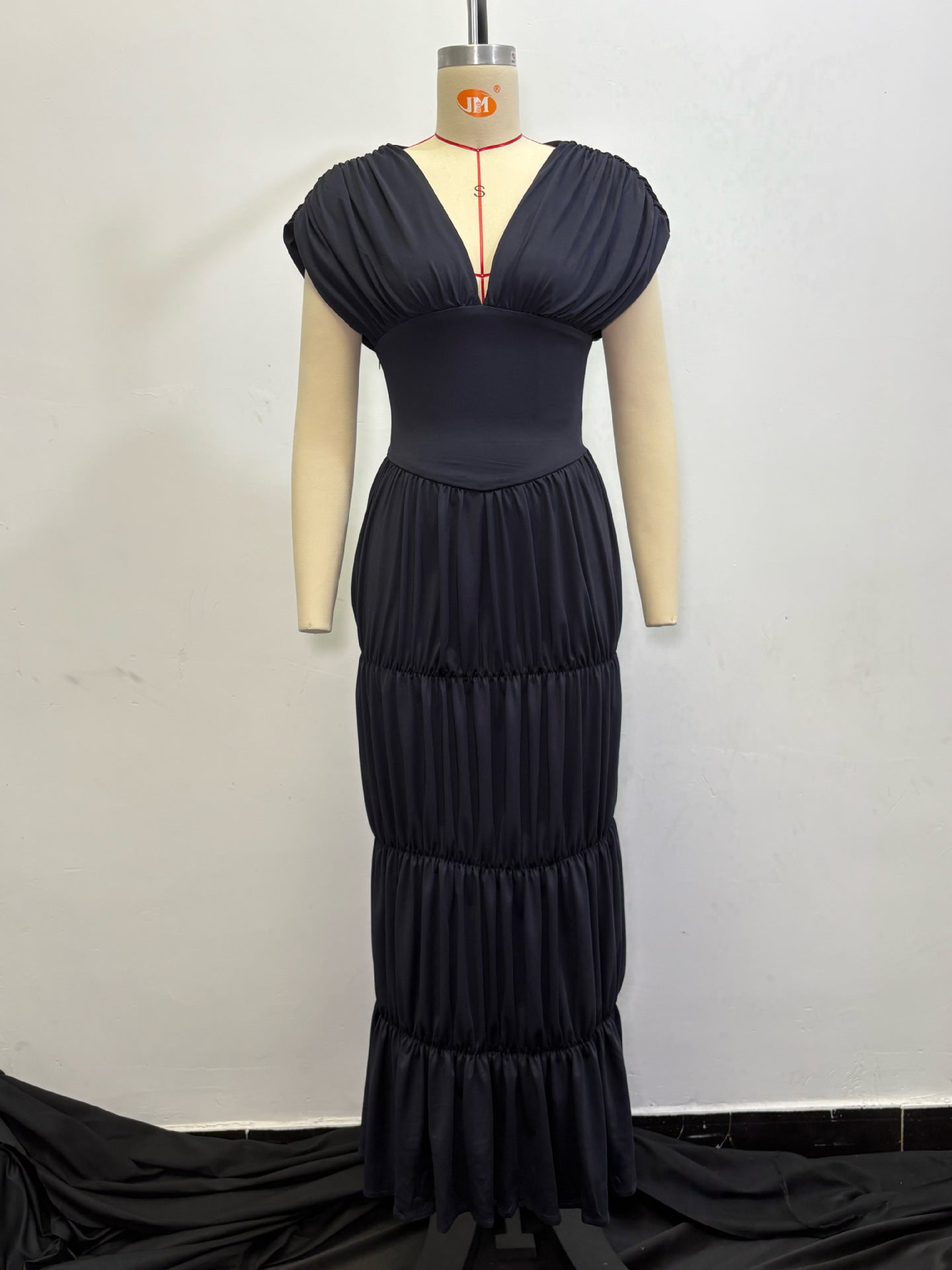 Women Summer Navy V-Neck Puff Sleeve Ruffle Dress 10