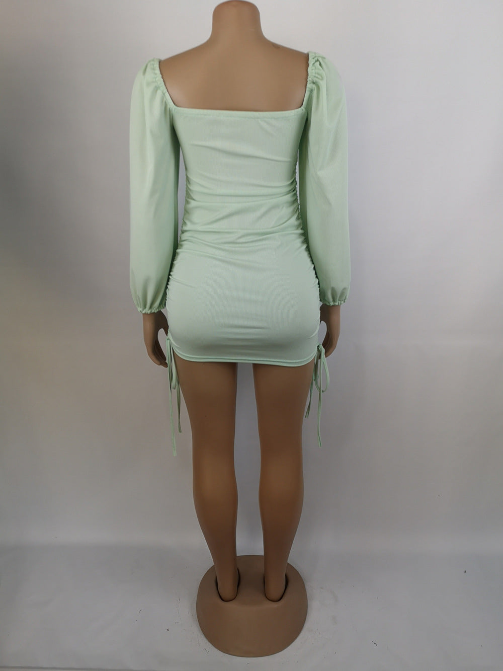 Women Sexy Drawstring Pleated Bodycon Long Sleeve Dress 36