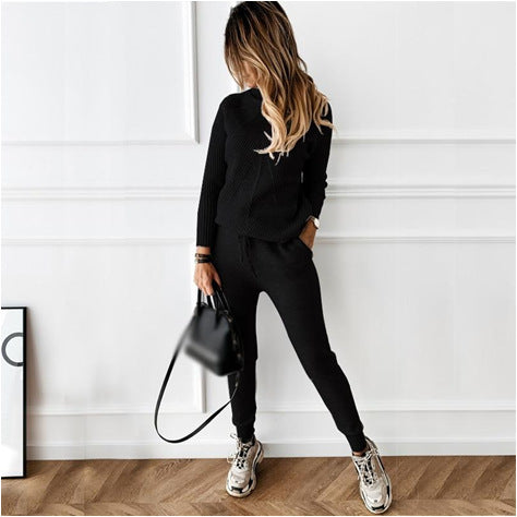 Women turtleneck Solid Casual sweater + trousers two-piece set 7
