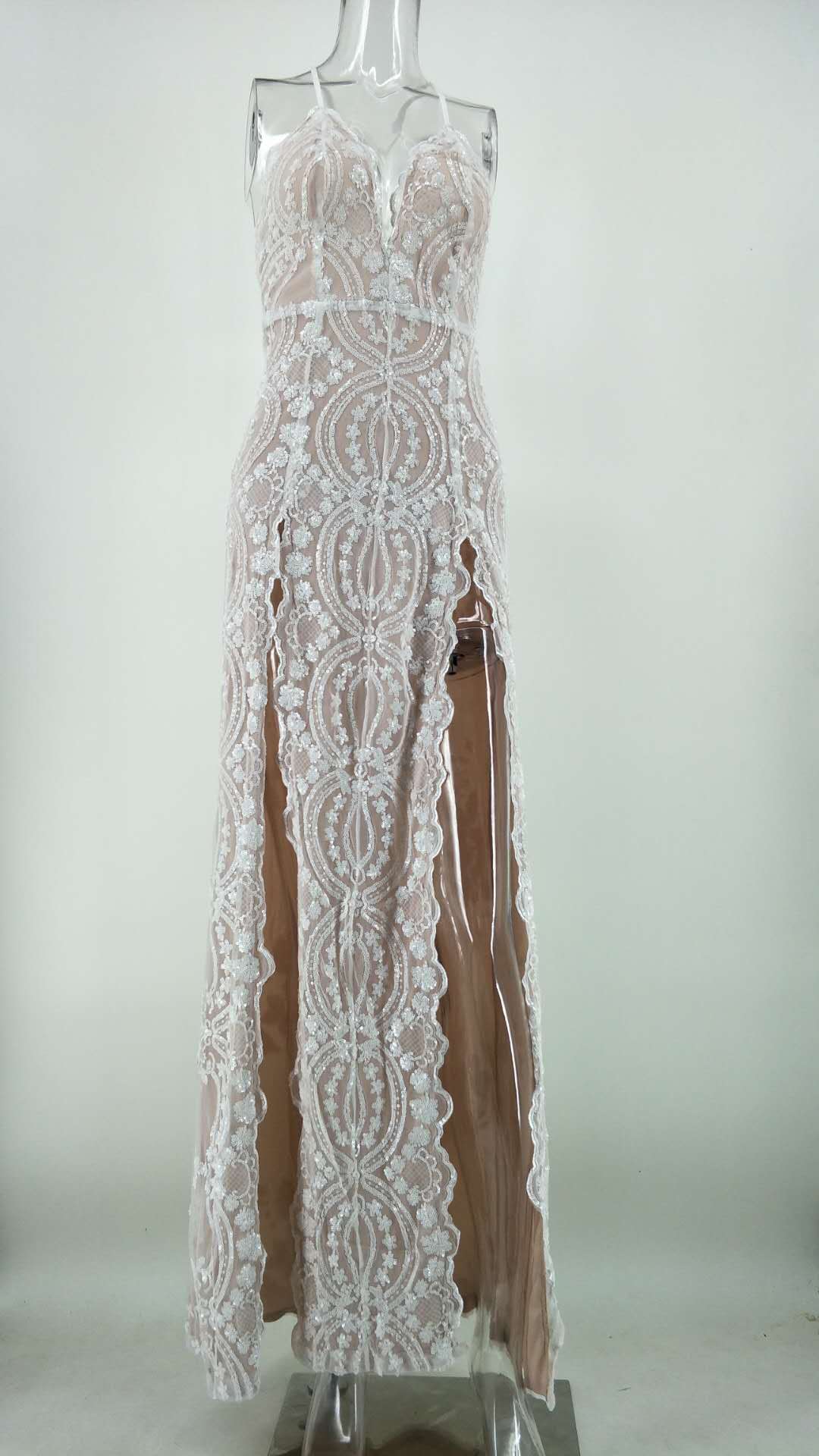 Deep-V Sequins Straps Slit Evening Dress 7