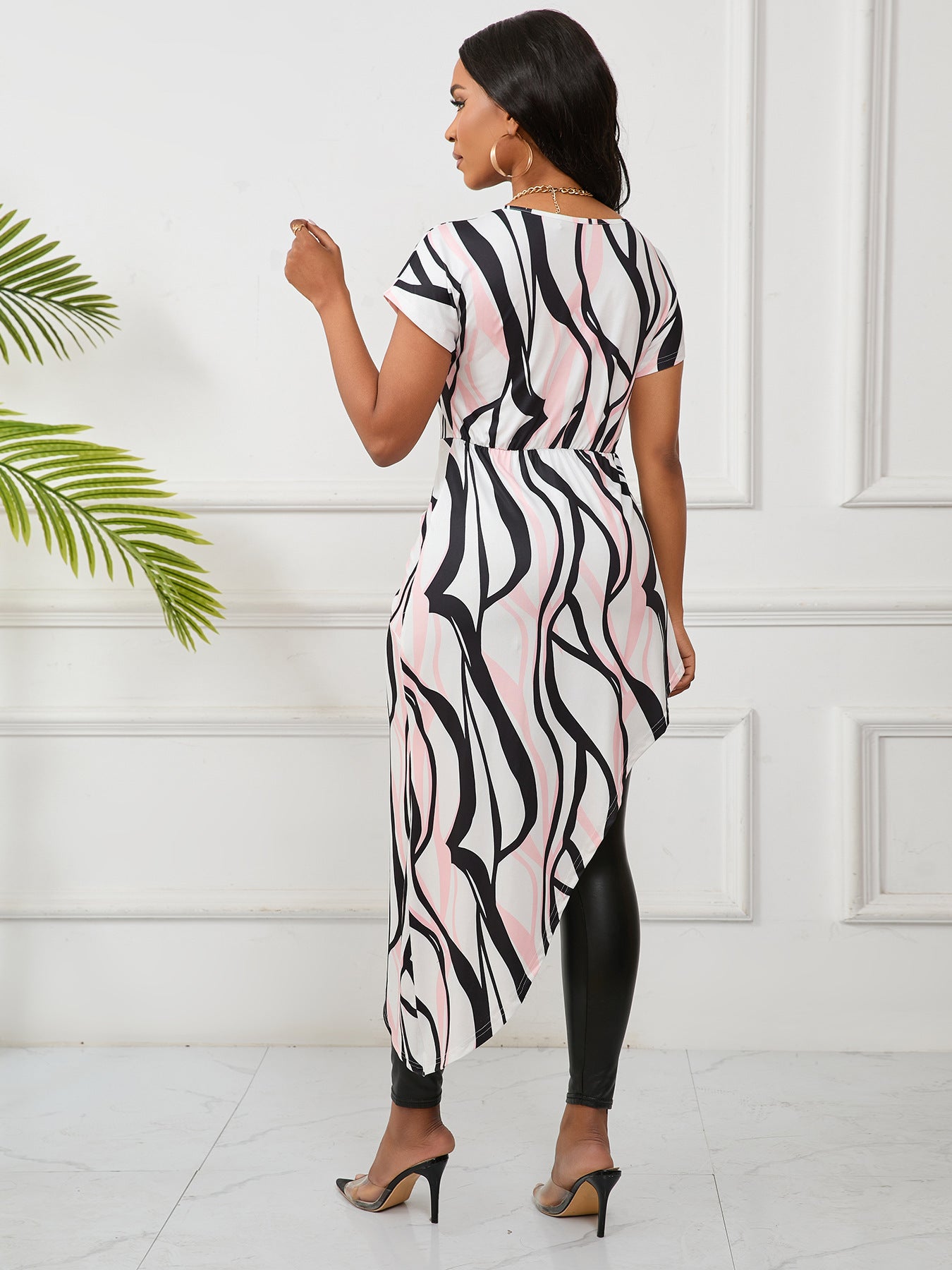 Women Summer Elegant Asymmetric Striped Print Dress 5