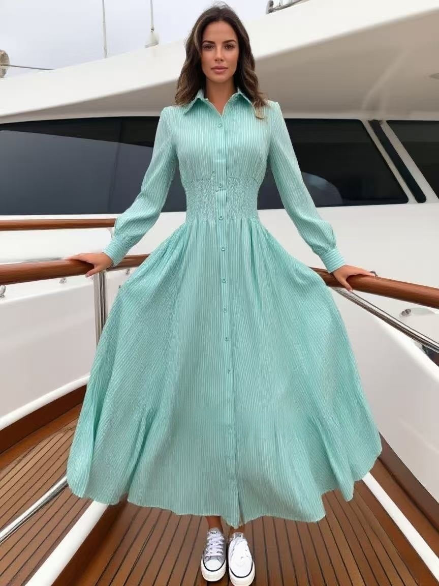 Striped Turndown Collar Long-Sleeve Button Slim Waist A-Line Gown 4