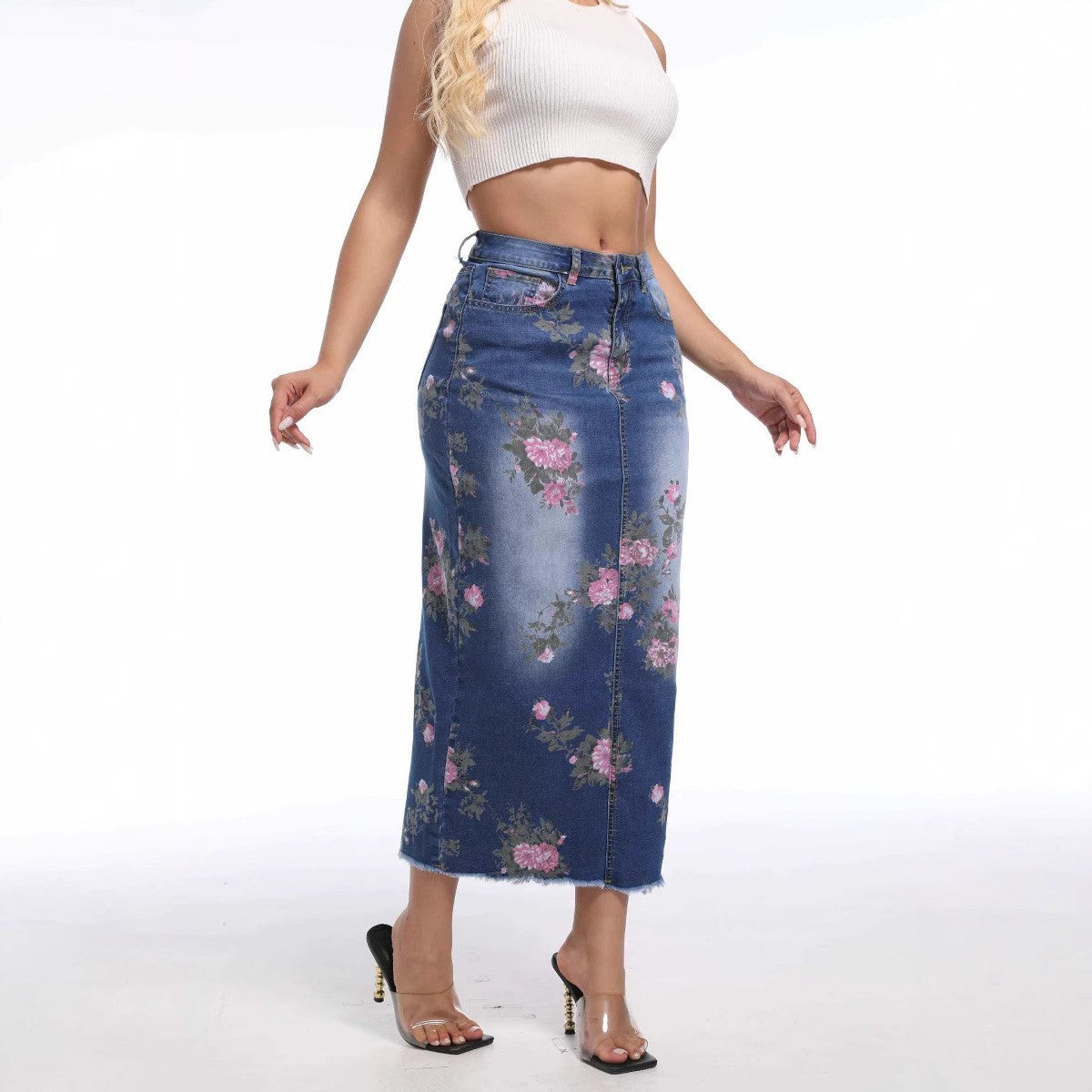 Women Printed Denim Bodycon Skirt 5