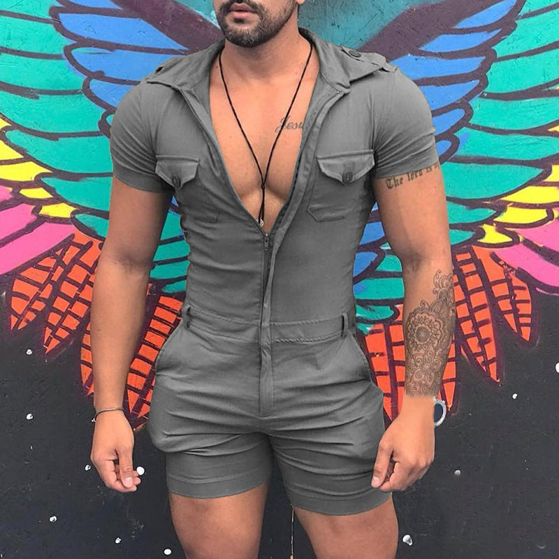 Summer Men's Casual Sports Slim Fit Zipper Short Sleeve Shorts Jumpsuit