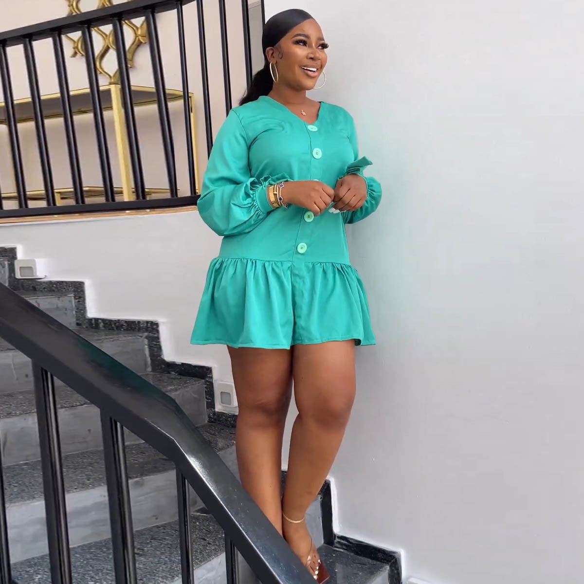 Women Casual U-neck Solid Long Sleeve Lace-Up Pleated Dress