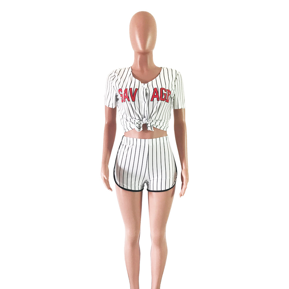 Women Sexy Women Striped Letter Baseball Top and Skirt Two-piece Set 49