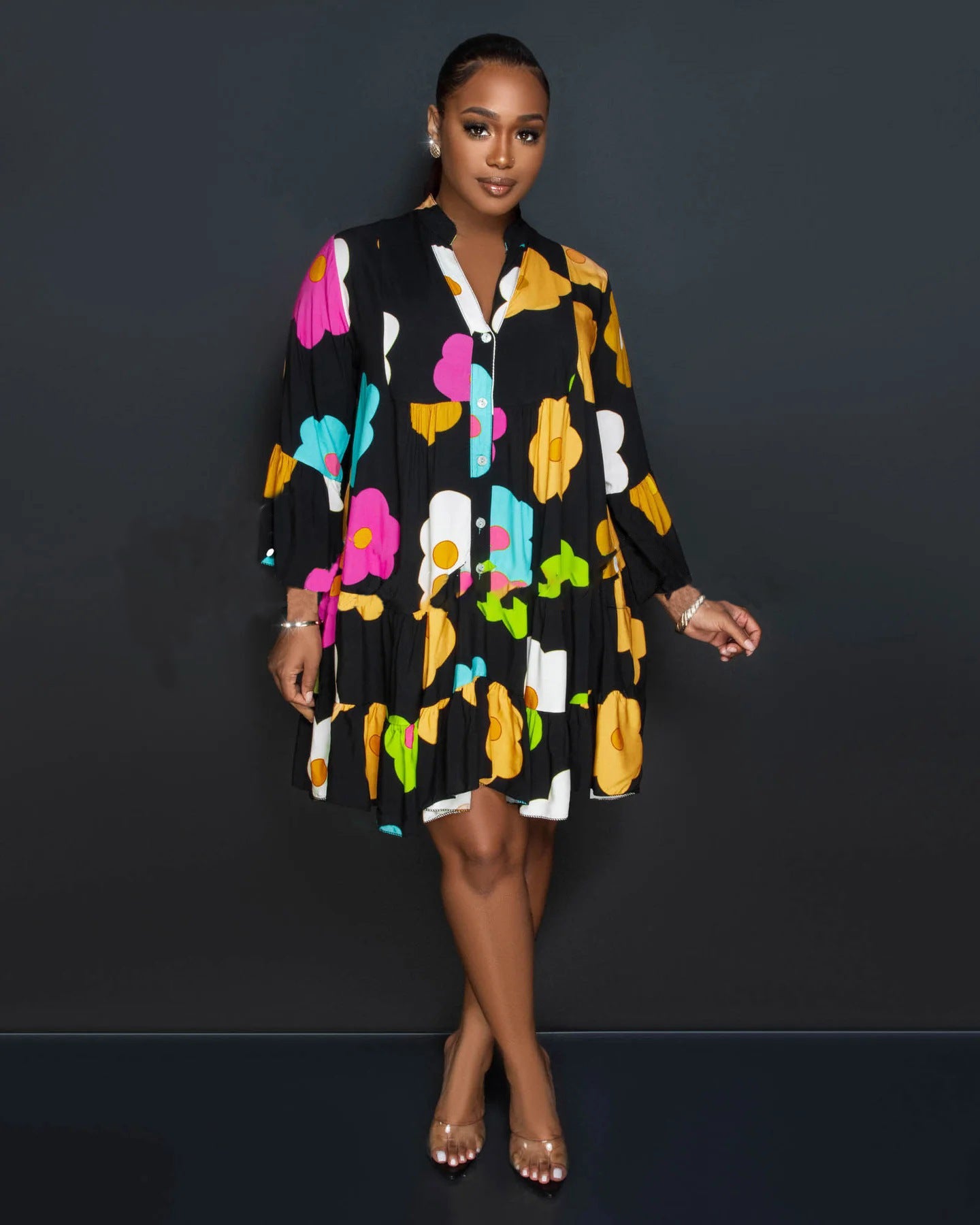 Ladies Printed V-neck Long Sleeve Dress