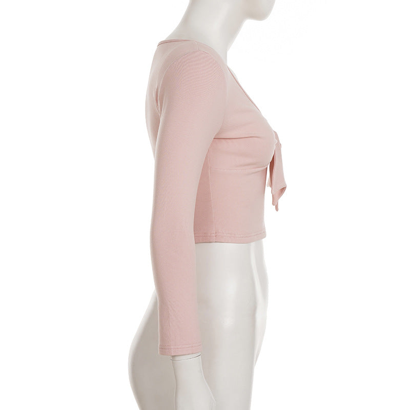 Women Casual Solid Bow Patchwork V-Neck Top and Bell Bottom Pants Two-Piece Set 11