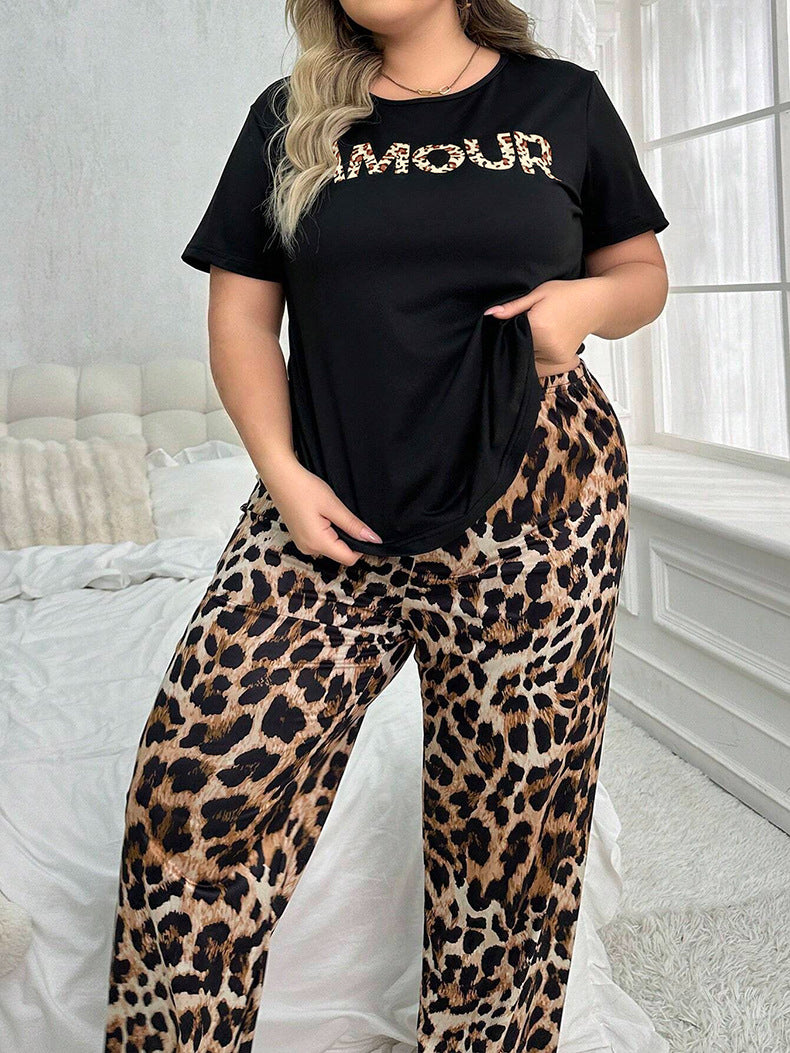 Spring/Summer Short-Sleeve Leopard & Letter Print Two piece Pants Set Outdoor Sleepwear 7