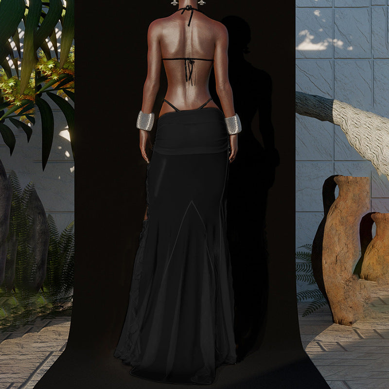 Women summer sexy one-shoulder mesh see-through top and skirt two-piece set 3