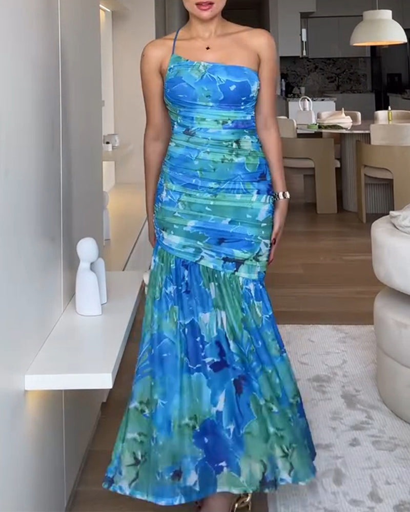 Summer Blue Contrast Floral One-shoulder Pleated Fishtail Dress