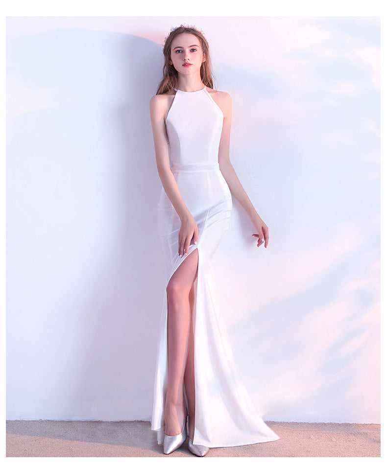 Plain Solid Halter Slit Mermaid Evening Dress