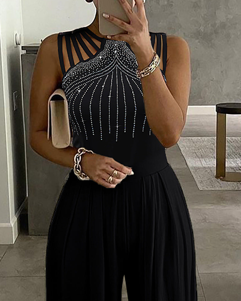 Slim Waist Hollow Out One-Piece Solid Summer Beaded Wide-Leg Jumpsuit 9