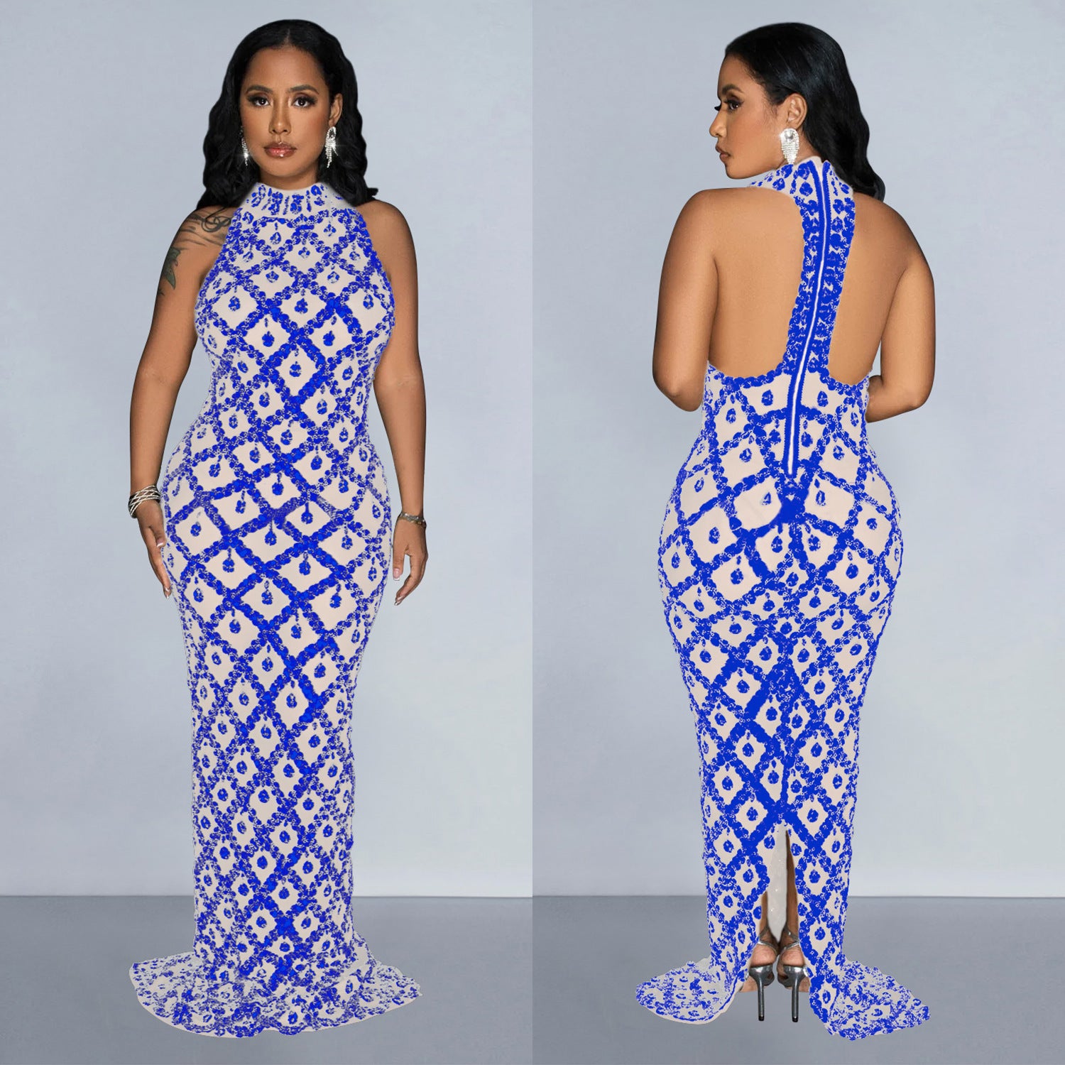 Women Solid Sequin Halter Neck Backless Maxi Dress